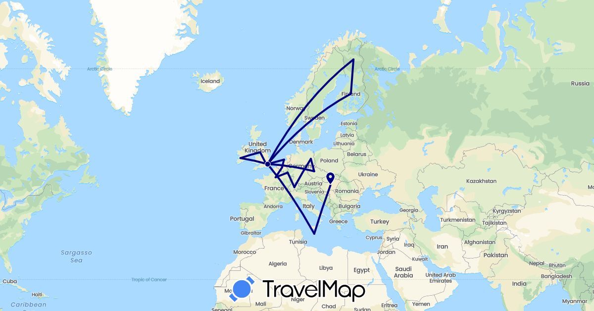 TravelMap itinerary: driving in Belgium, Switzerland, Czech Republic, Germany, Finland, France, United Kingdom, Hungary, Ireland, Luxembourg, Malta, Netherlands (Europe)