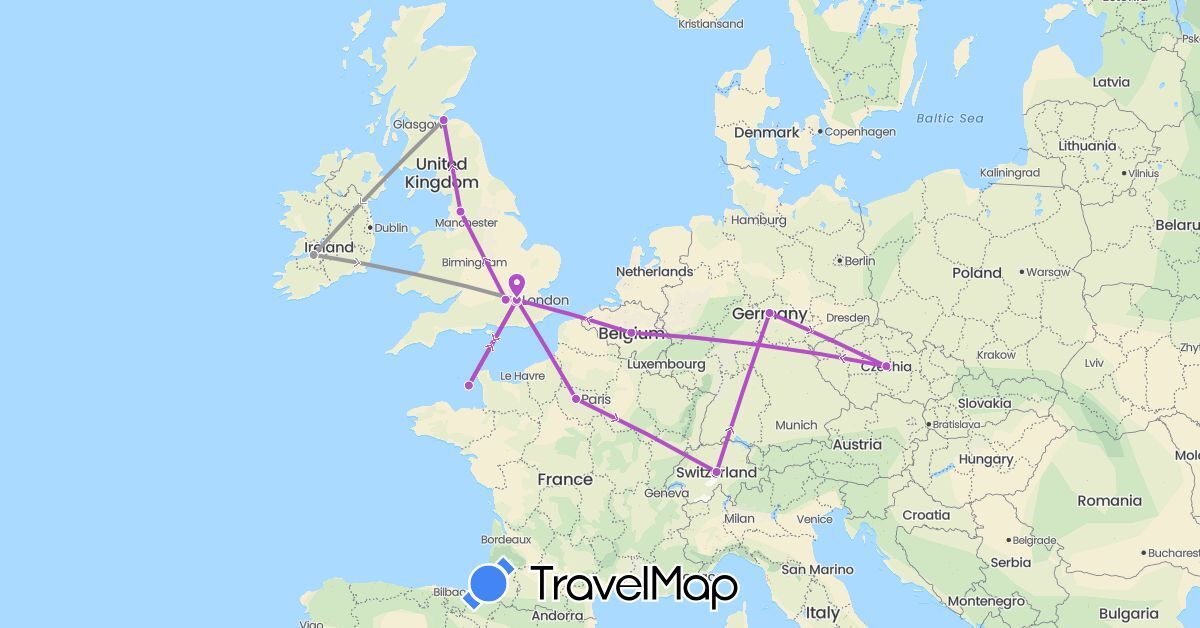 TravelMap itinerary: driving, plane, train in Belgium, Switzerland, Czech Republic, Germany, France, United Kingdom, Ireland, Jersey (Europe)